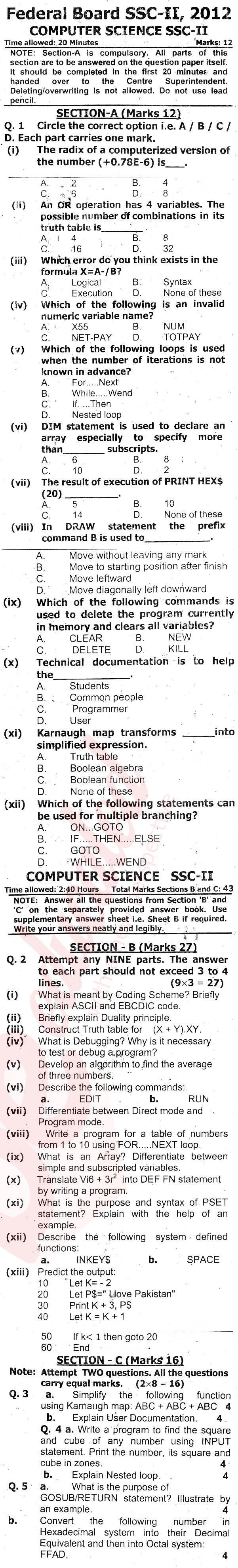 Computer Science 10th English Medium Past Paper Group 1 Federal BISE  2012