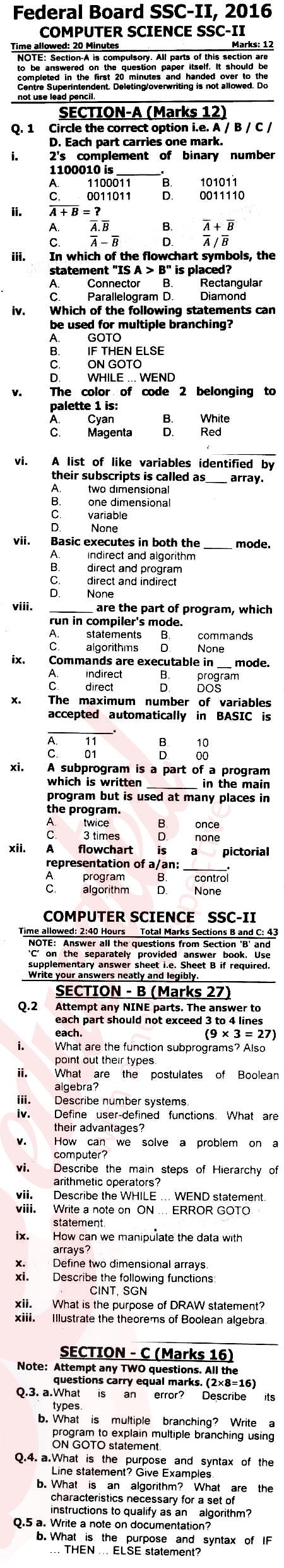 Computer Science 10th English Medium Past Paper Group 1 Federal BISE  2016