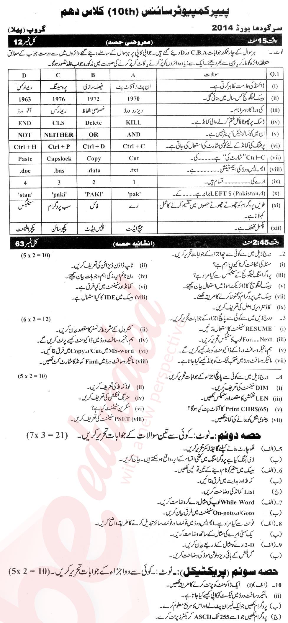 Computer Science 10th Urdu Medium Past Paper Group 1 BISE Sargodha 2014