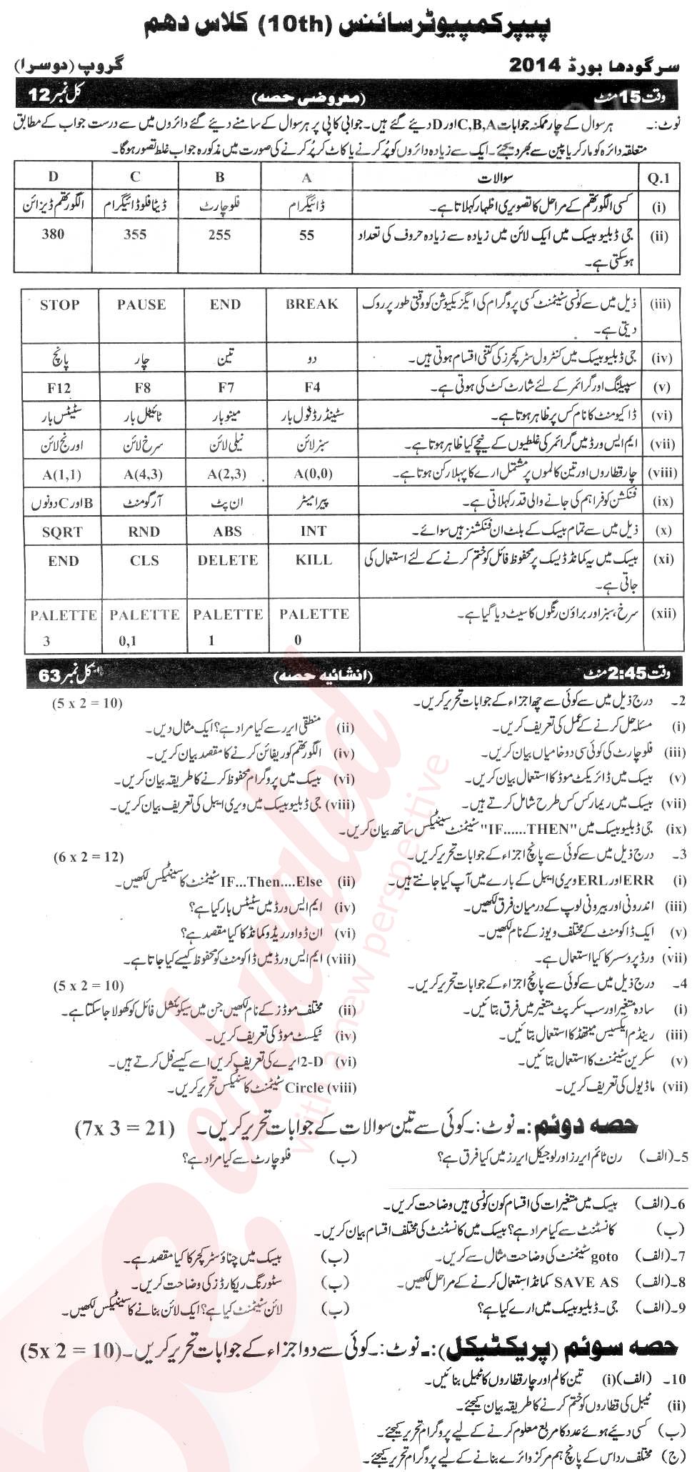 Computer Science 10th Urdu Medium Past Paper Group 2 BISE Sargodha 2014