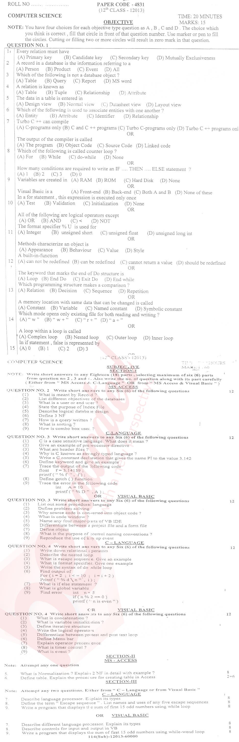 Computer Science 12th class Past Paper Group 1 BISE DG Khan 2013