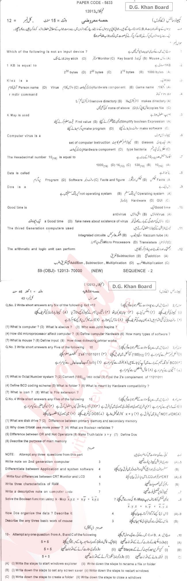 Computer Science 9th class Past Paper Group 1 BISE DG Khan 2013