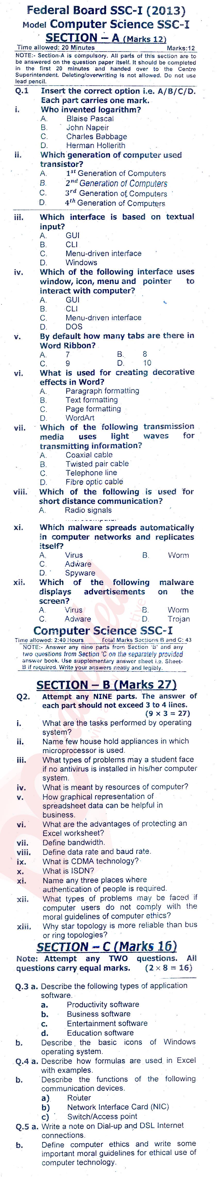 Computer Science 9th class Past Paper Group 1 Federal BISE  2013
