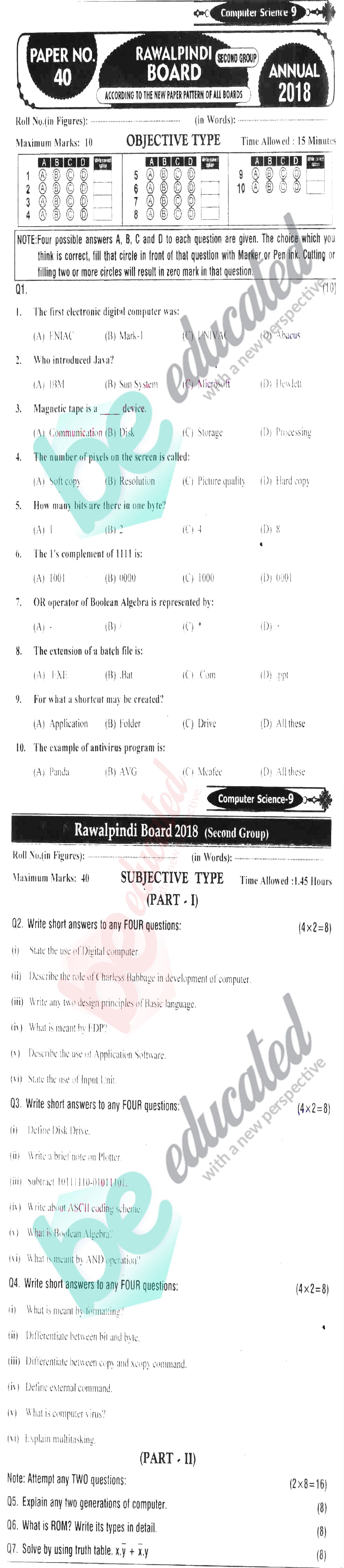 Computer Science 9th Class Past Paper Group 2 BISE Rawalpindi 2018