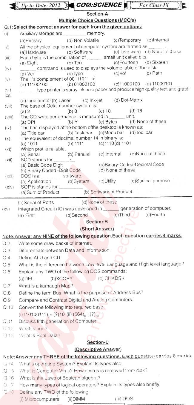 Computer Science 9th English Medium Past Paper Group 1 BISE Hyderabad 2012