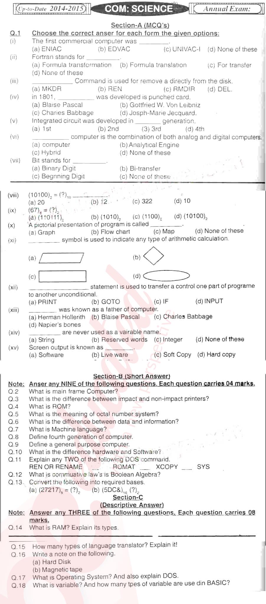 Computer Science 9th English Medium Past Paper Group 1 BISE Hyderabad 2014