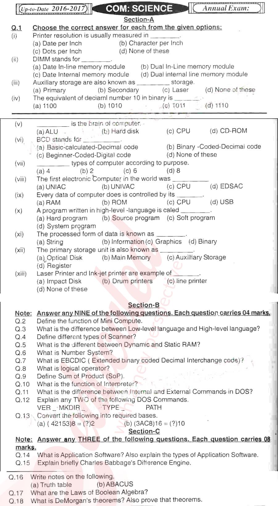 Computer Science 9th English Medium Past Paper Group 1 BISE Hyderabad 2016
