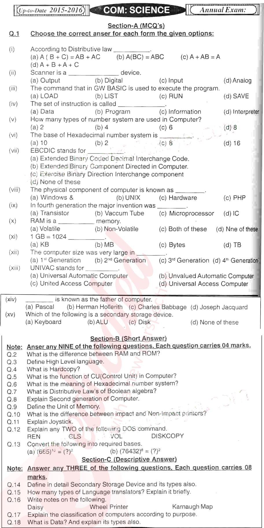 Computer Science 9th English Medium Past Paper Group 1 BISE Mirpurkhas 2015