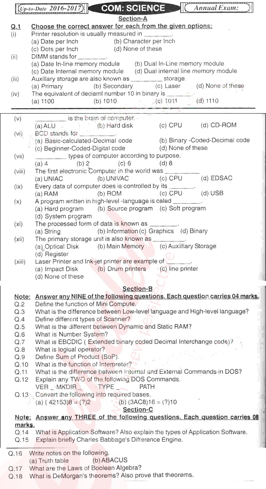 Computer Science 9th English Medium Past Paper Group 1 BISE Mirpurkhas 2016