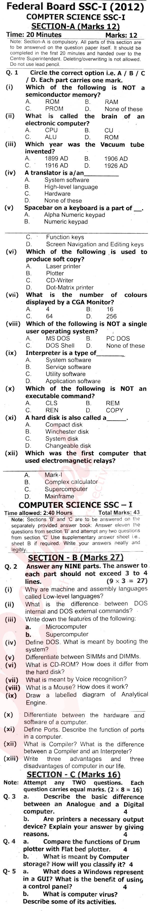 Computer Science 9th English Medium Past Paper Group 1 Federal BISE  2012