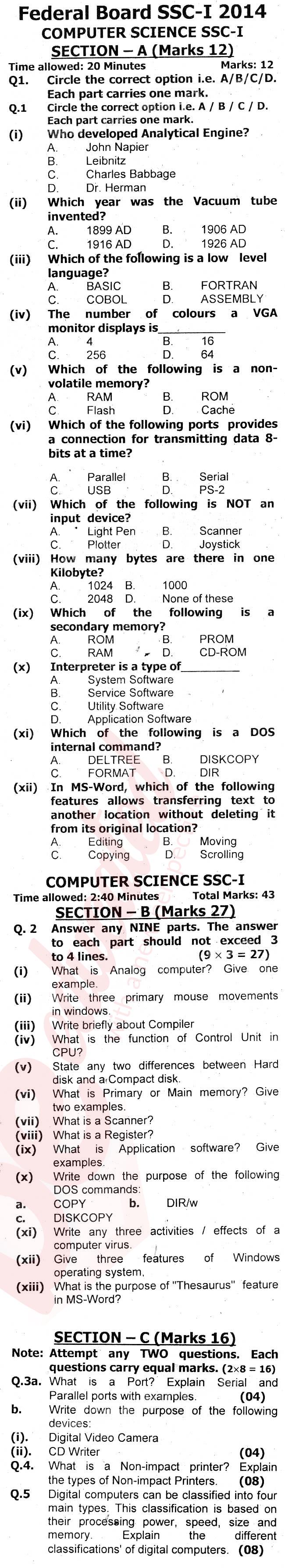 Computer Science 9th English Medium Past Paper Group 1 Federal BISE  2014