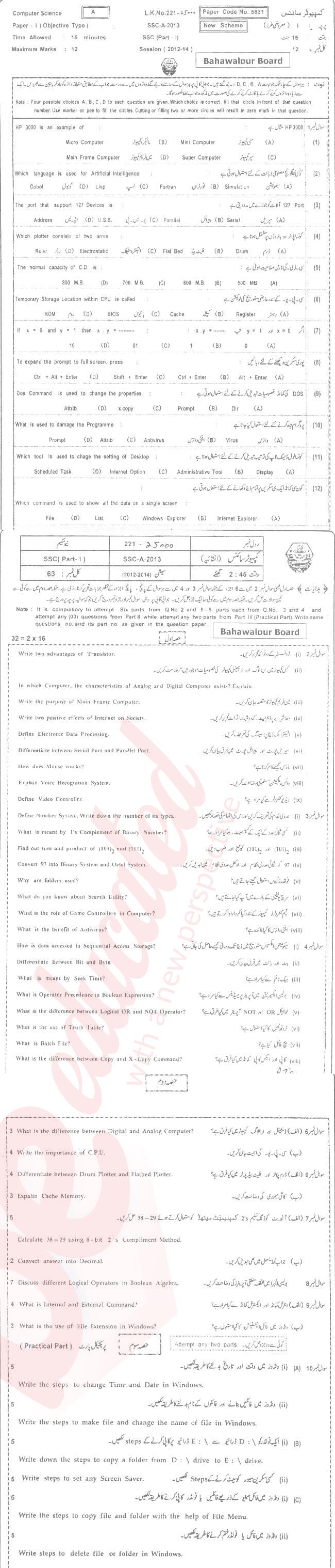 Computer Science 9th Urdu Medium Past Paper Group 1 BISE Bahawalpur 2013