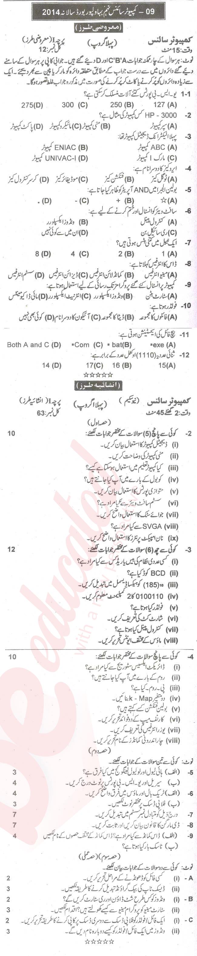 Computer Science 9th Urdu Medium Past Paper Group 1 BISE Bahawalpur 2014