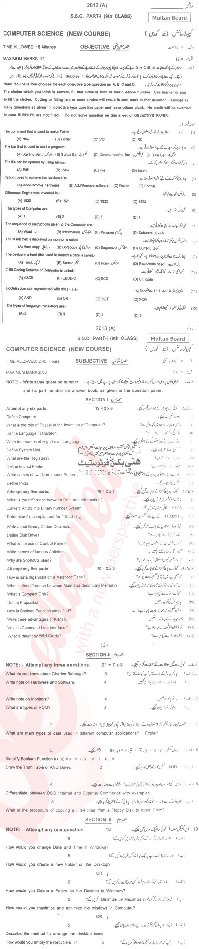Computer Science 9th Urdu Medium Past Paper Group 1 BISE Multan 2013
