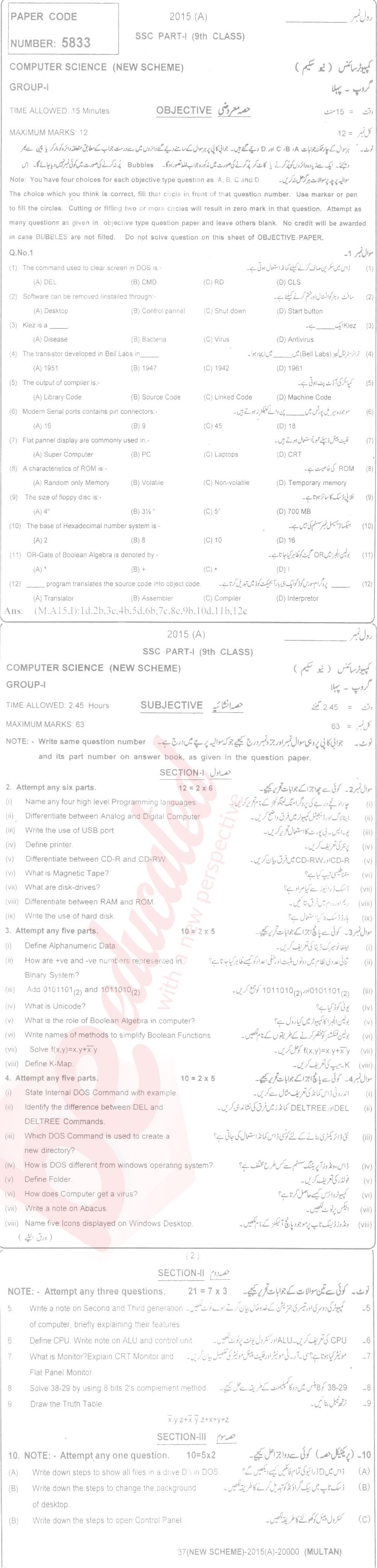 Computer Science 9th Urdu Medium Past Paper Group 1 BISE Multan 2015