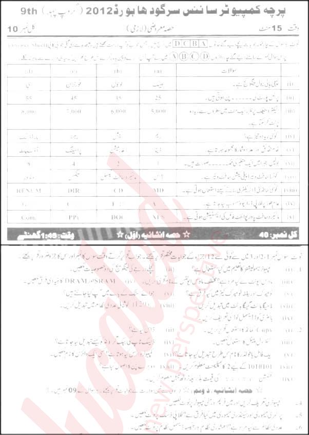 Computer Science 9th Urdu Medium Past Paper Group 1 BISE Sargodha 2012