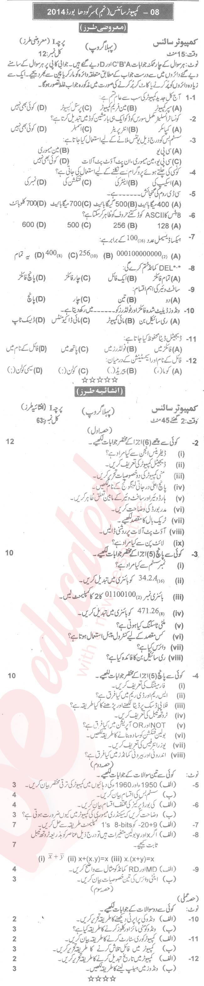 Computer Science 9th Urdu Medium Past Paper Group 1 BISE Sargodha 2014