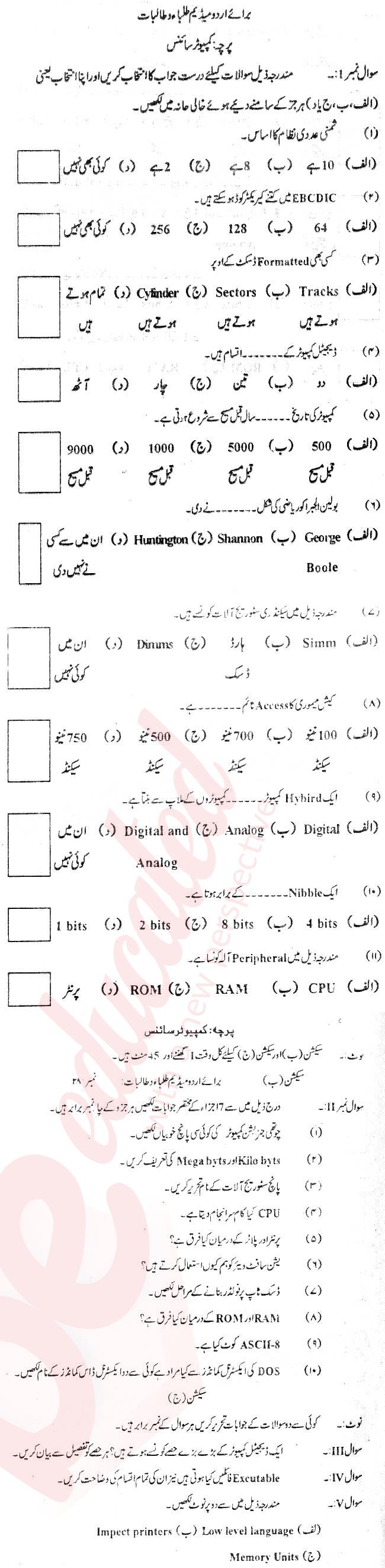 Computer Science 9th Urdu Medium Past Paper Group 1 BISE Swat 2012
