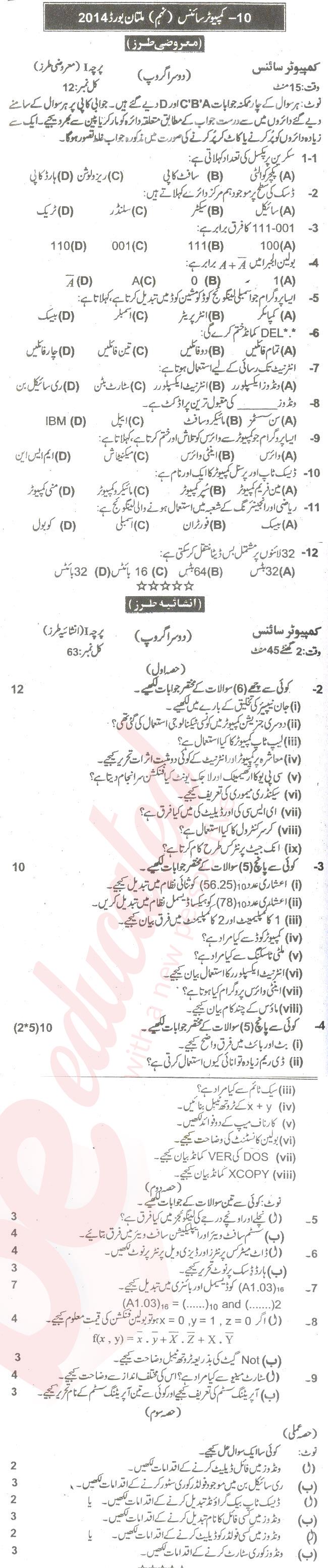 Computer Science 9th Urdu Medium Past Paper Group 2 BISE Multan 2014