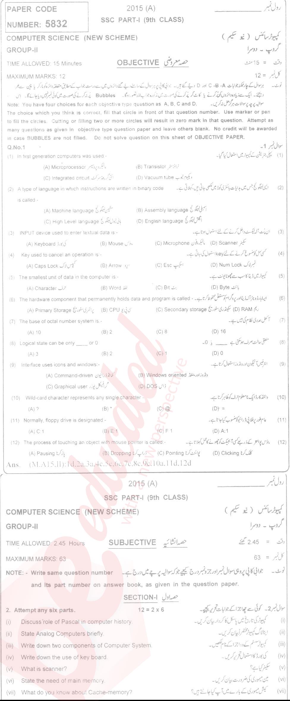 Computer Science 9th Urdu Medium Past Paper Group 2 BISE Multan 2015