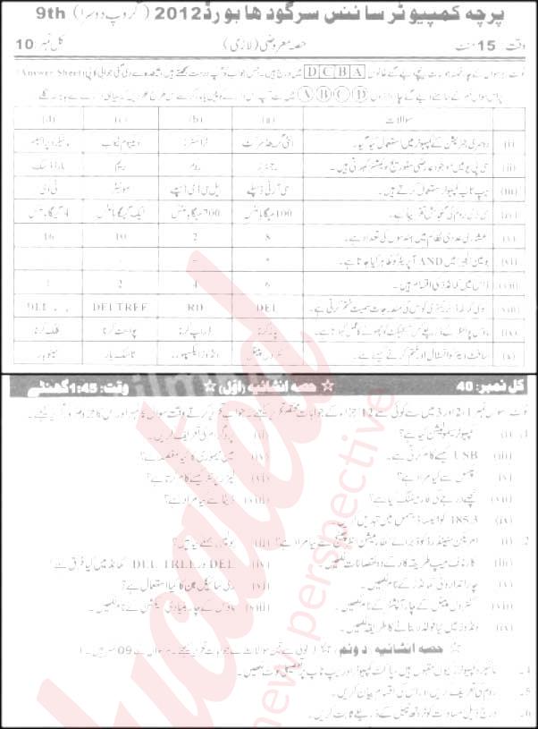 Computer Science 9th Urdu Medium Past Paper Group 2 BISE Sargodha 2012