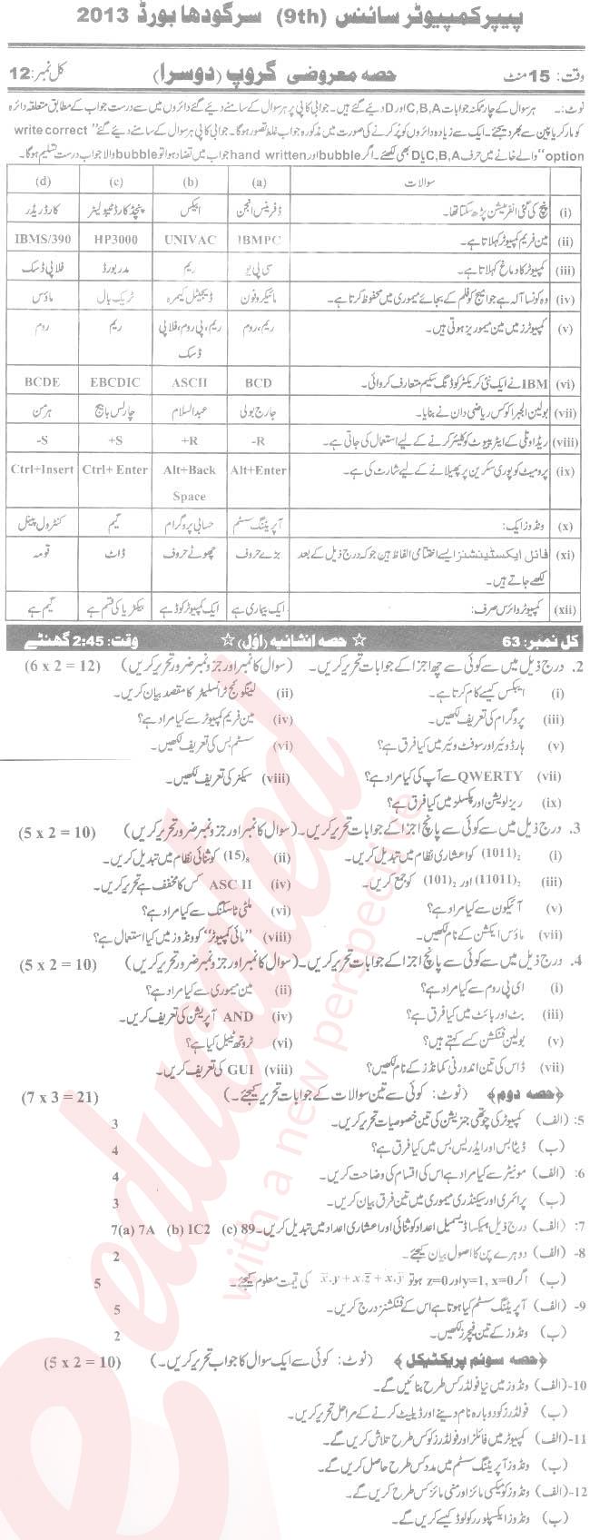 Computer Science 9th Urdu Medium Past Paper Group 2 BISE Sargodha 2013