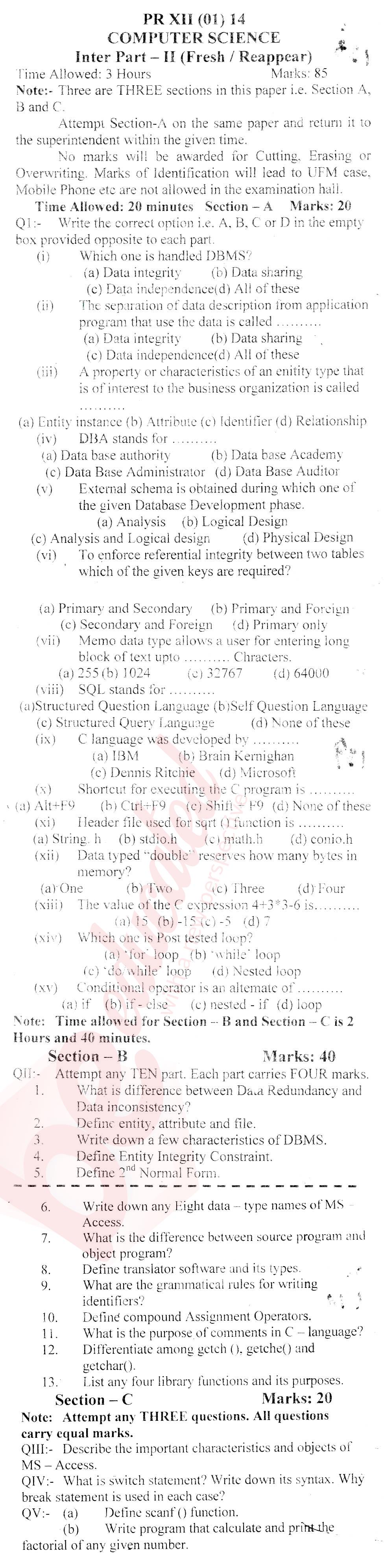 Computer Science FA Part 2 Past Paper Group 1 BISE Swat 2014
