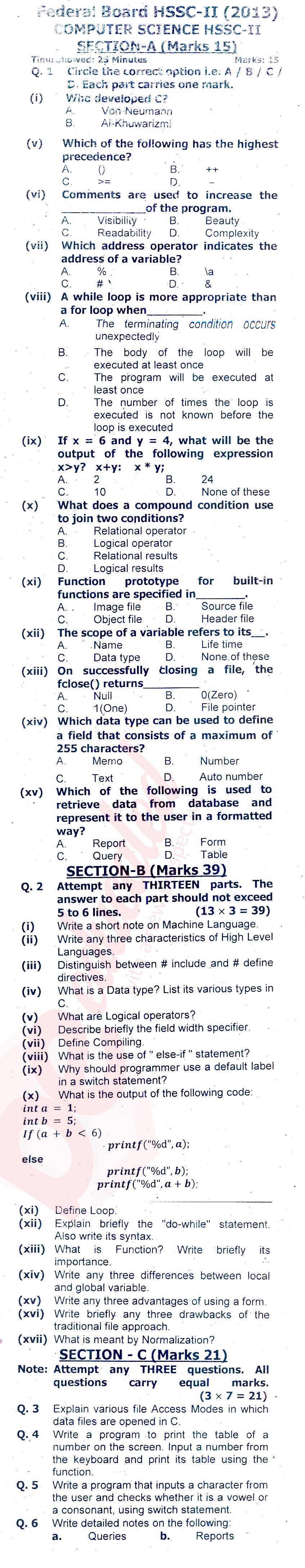 Computer Science FSC Part 2 Past Paper Group 1 Federal BISE  2013