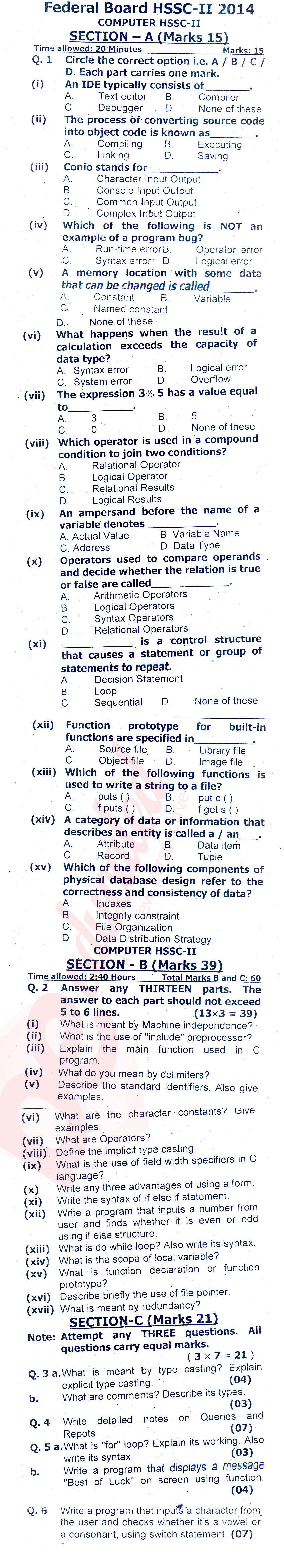 Computer Science FSC Part 2 Past Paper Group 1 Federal BISE  2014