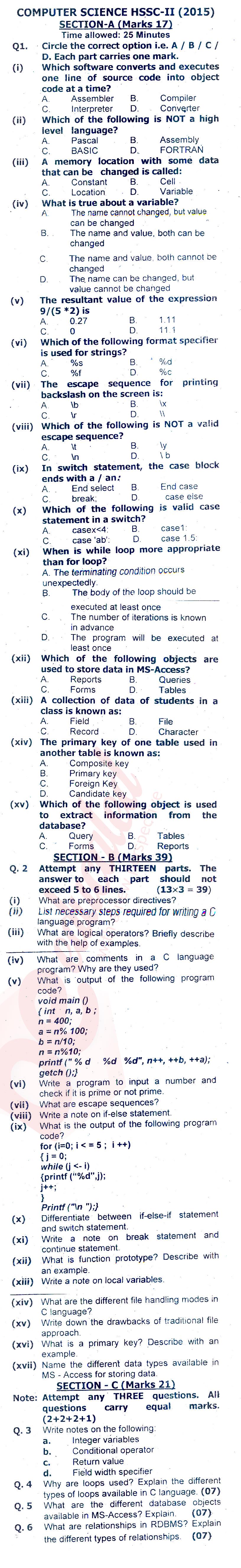 Computer Science FSC Part 2 Past Paper Group 1 Federal BISE  2015