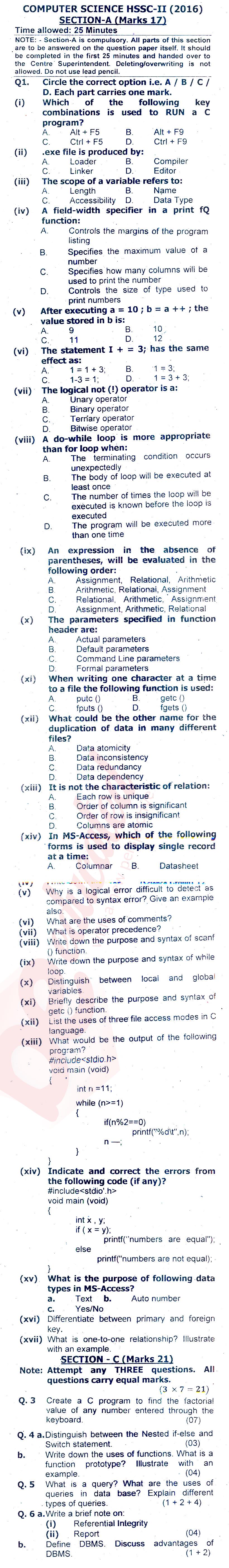 Computer Science FSC Part 2 Past Paper Group 1 Federal BISE  2016