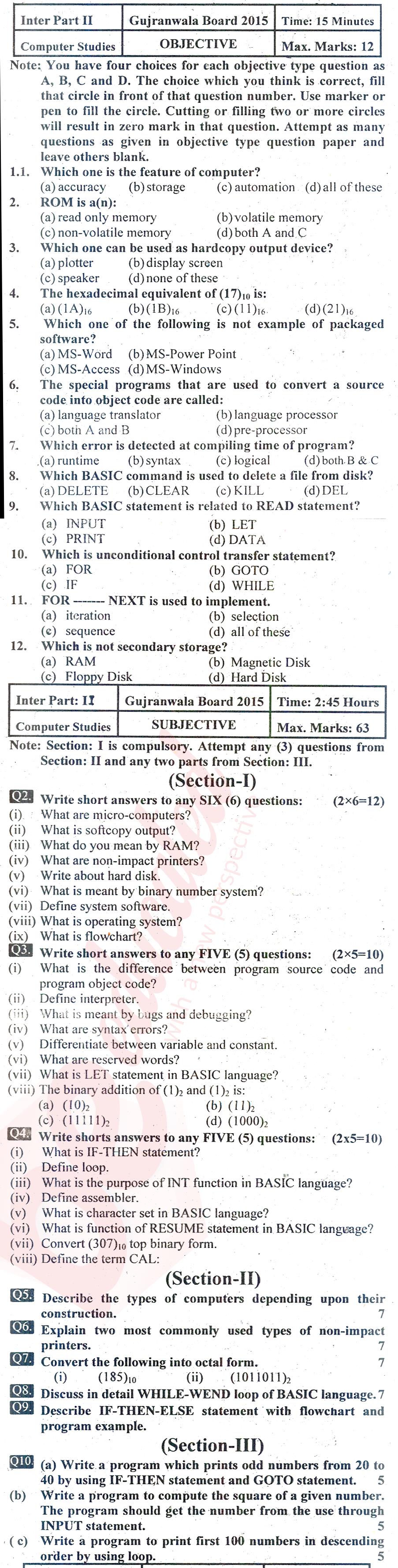 Computer Science ICOM Part 2 Past Paper Group 1 BISE Gujranwala 2015