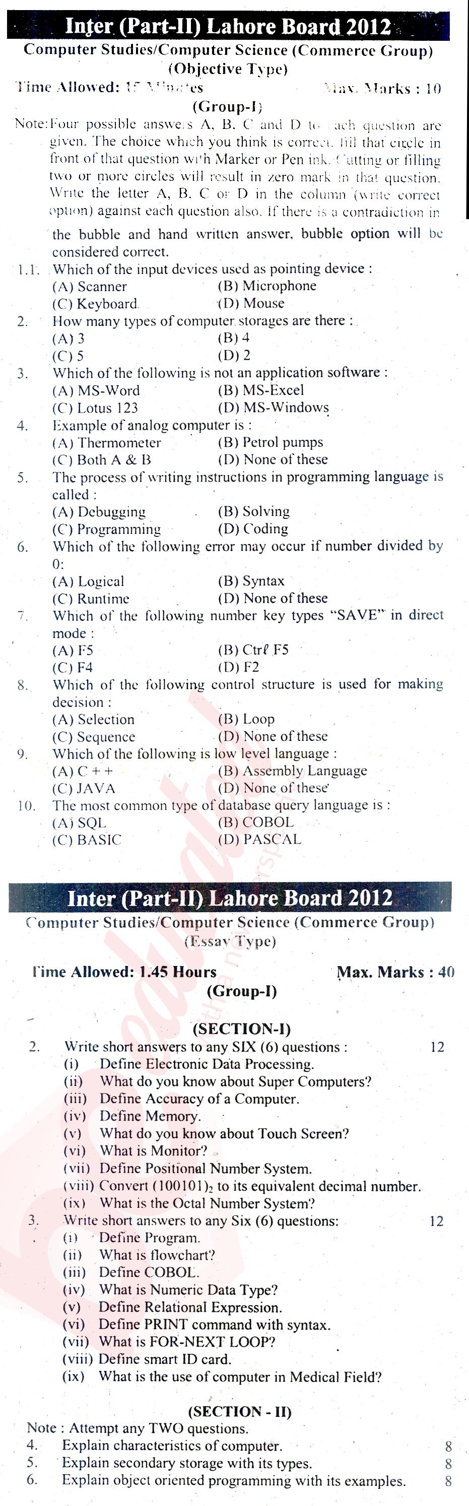 Computer Science ICOM Part 2 Past Paper Group 1 BISE Lahore 2012