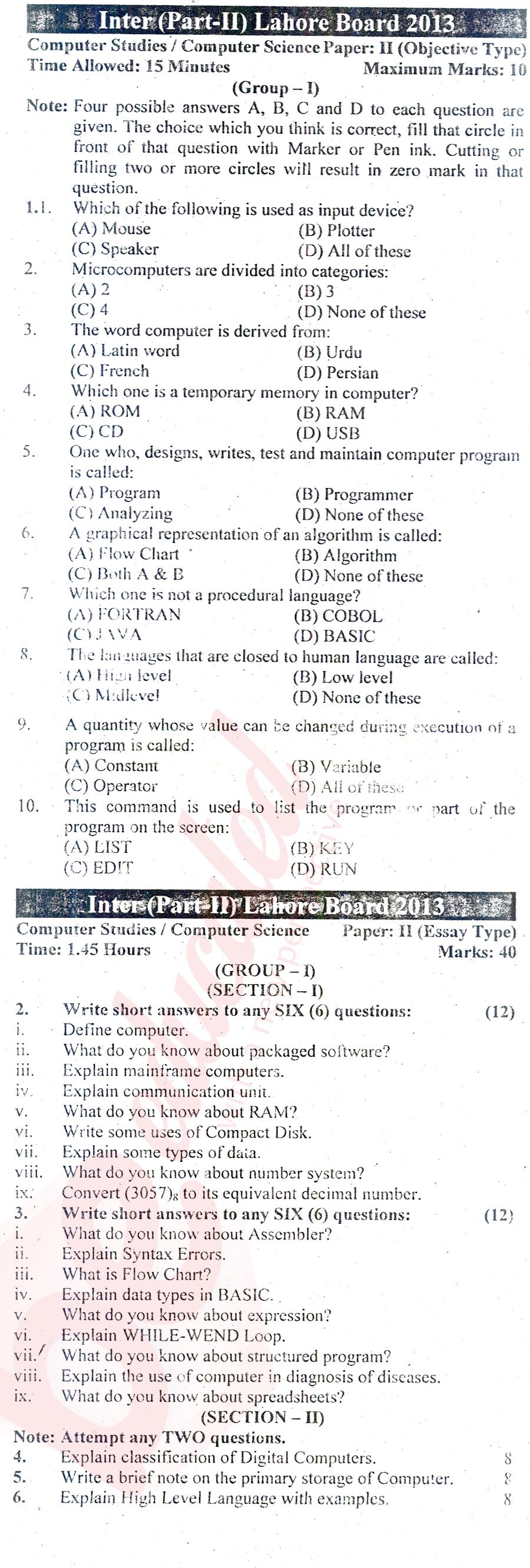 Computer Science ICOM Part 2 Past Paper Group 1 BISE Lahore 2013