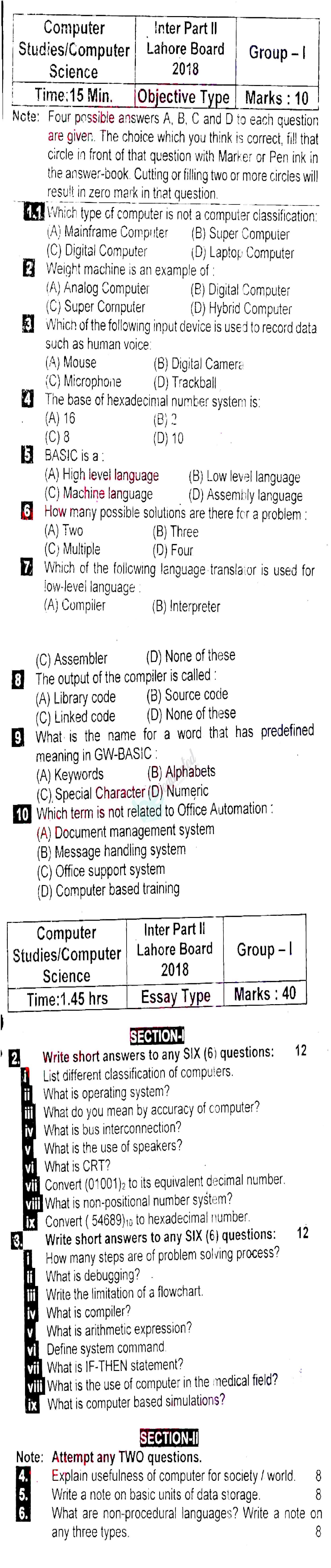 Computer Science ICOM Part 2 Past Paper Group 1 BISE Lahore 2018