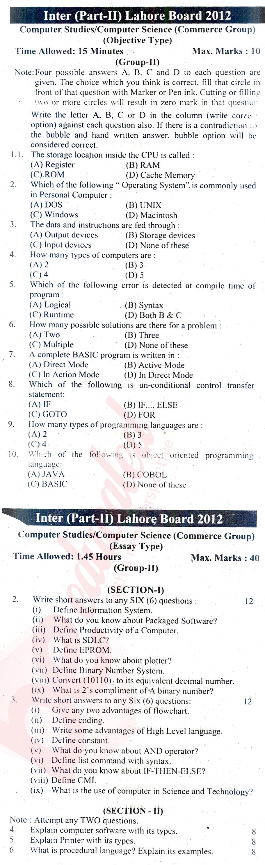 Computer Science ICOM Part 2 Past Paper Group 2 BISE Lahore 2012