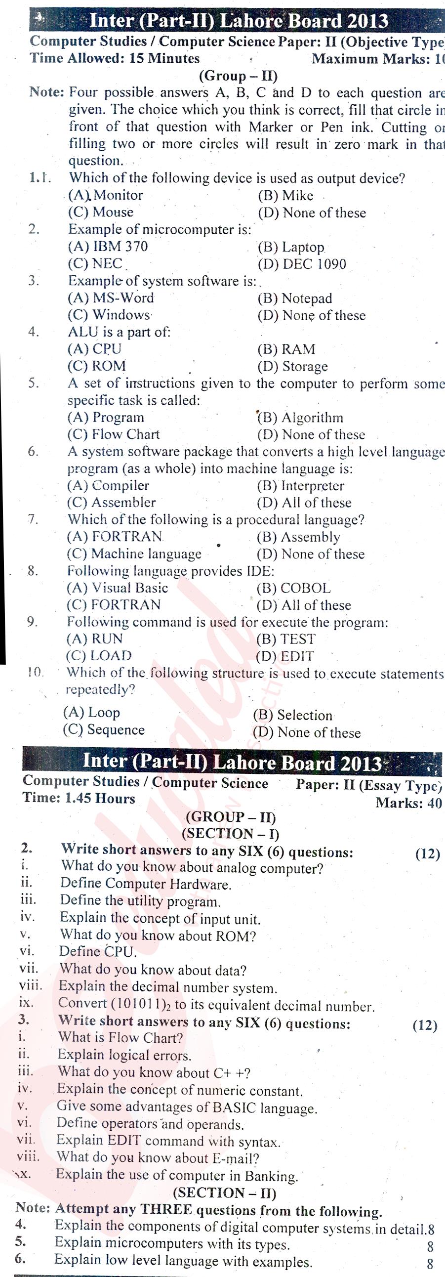 Computer Science ICOM Part 2 Past Paper Group 2 BISE Lahore 2013