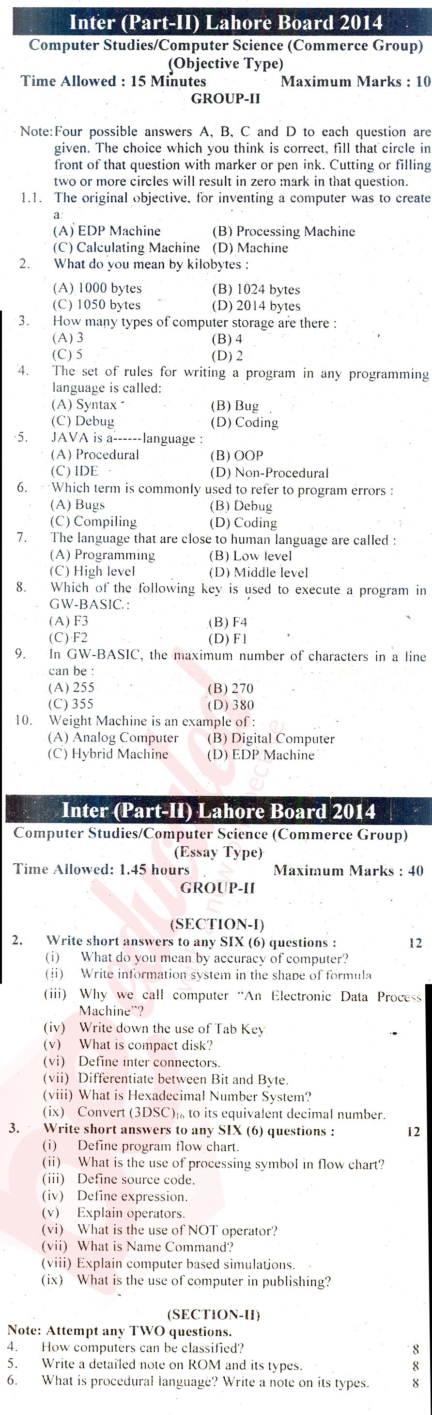 Computer Science ICOM Part 2 Past Paper Group 2 BISE Lahore 2014