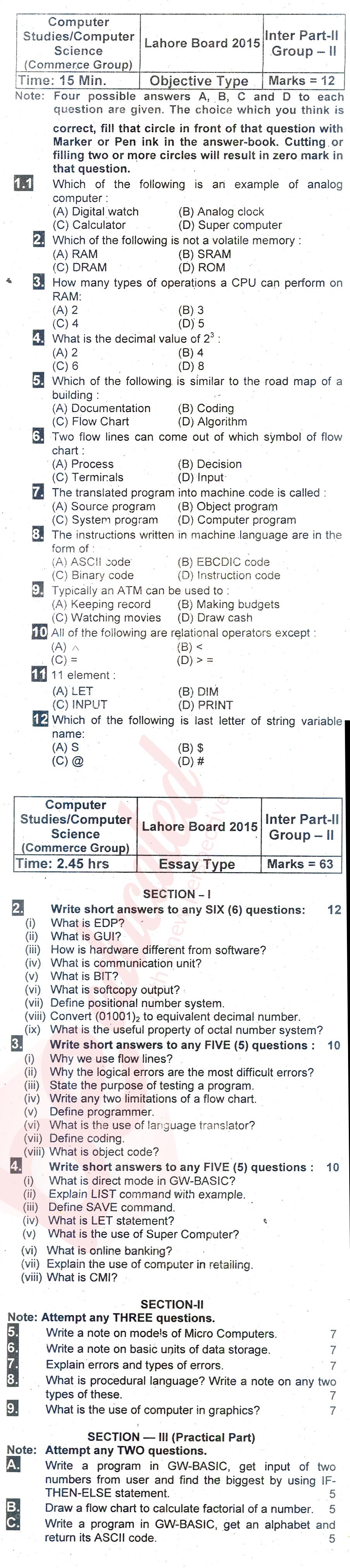 Computer Science ICOM Part 2 Past Paper Group 2 BISE Lahore 2015