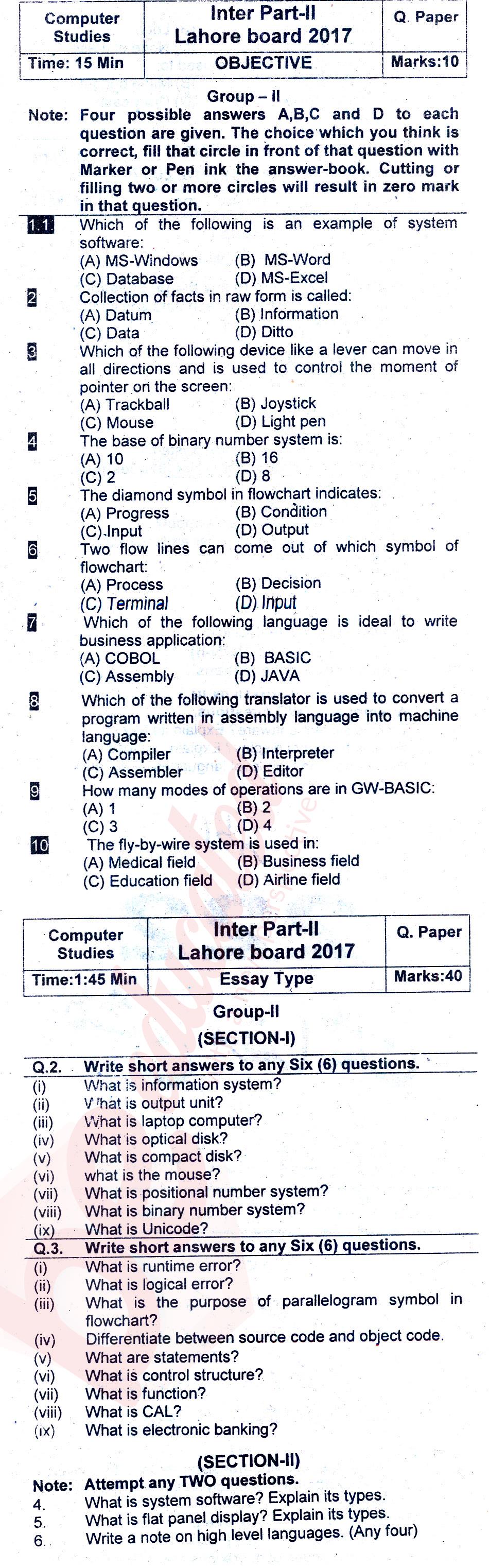 Computer Science ICOM Part 2 Past Paper Group 2 BISE Lahore 2017