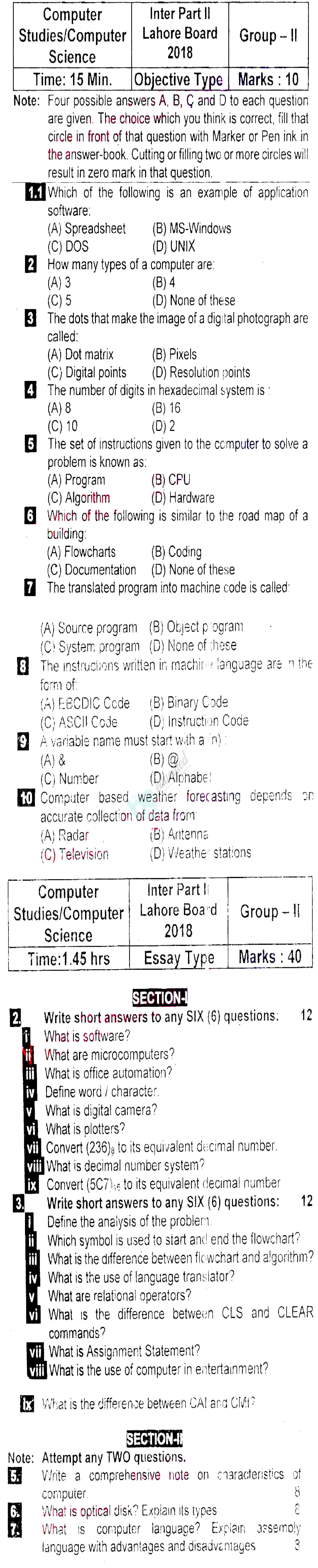 Computer Science ICOM Part 2 Past Paper Group 2 BISE Lahore 2018