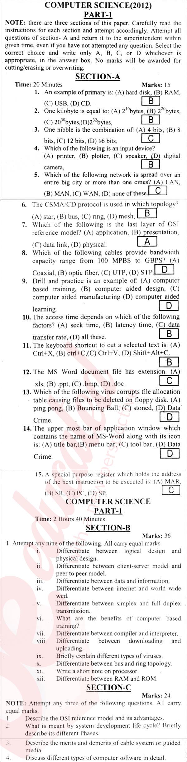 Computer Science ICS Part 1 Past Paper Group 1 BISE Abbottabad 2012