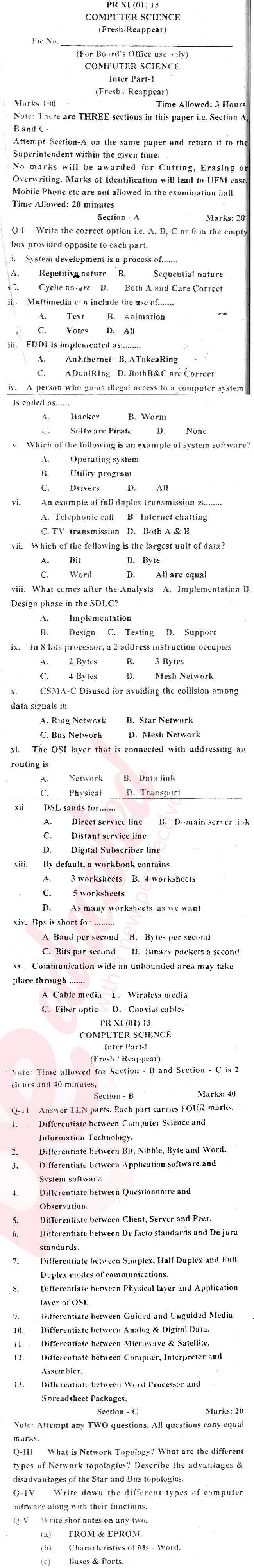 Computer Science ICS Part 1 Past Paper Group 1 BISE Abbottabad 2013