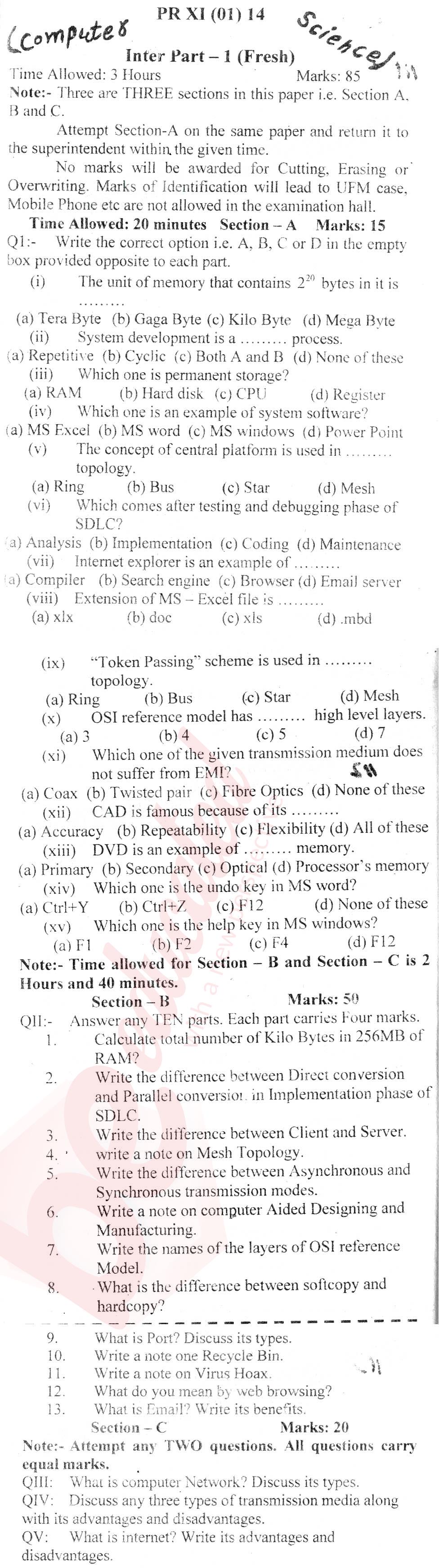 Computer Science ICS Part 1 Past Paper Group 1 BISE Abbottabad 2014