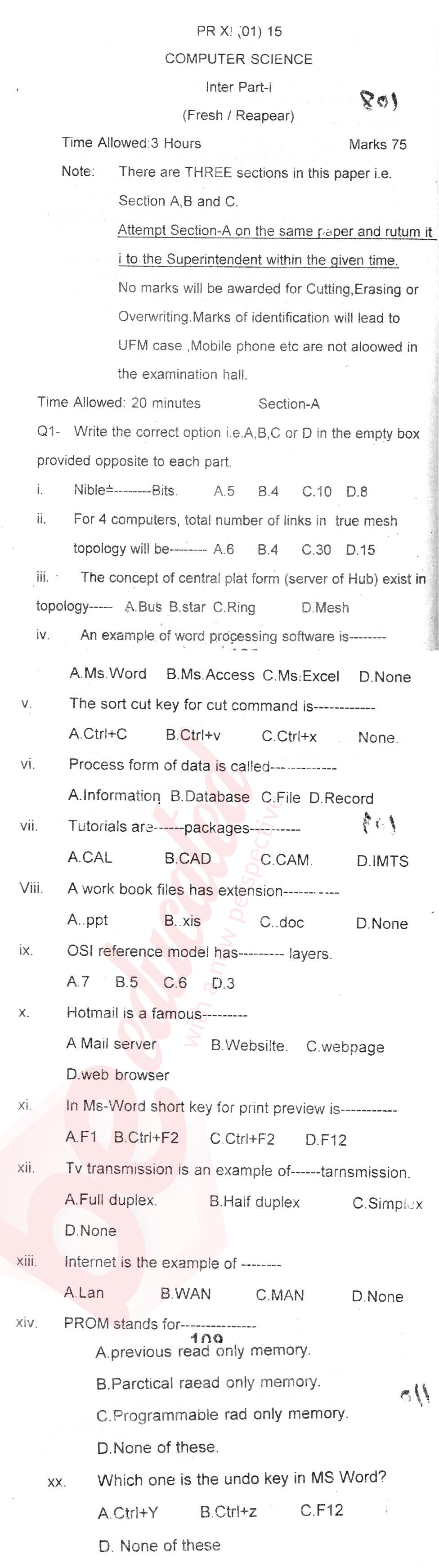 Computer Science ICS Part 1 Past Paper Group 1 BISE Abbottabad 2015