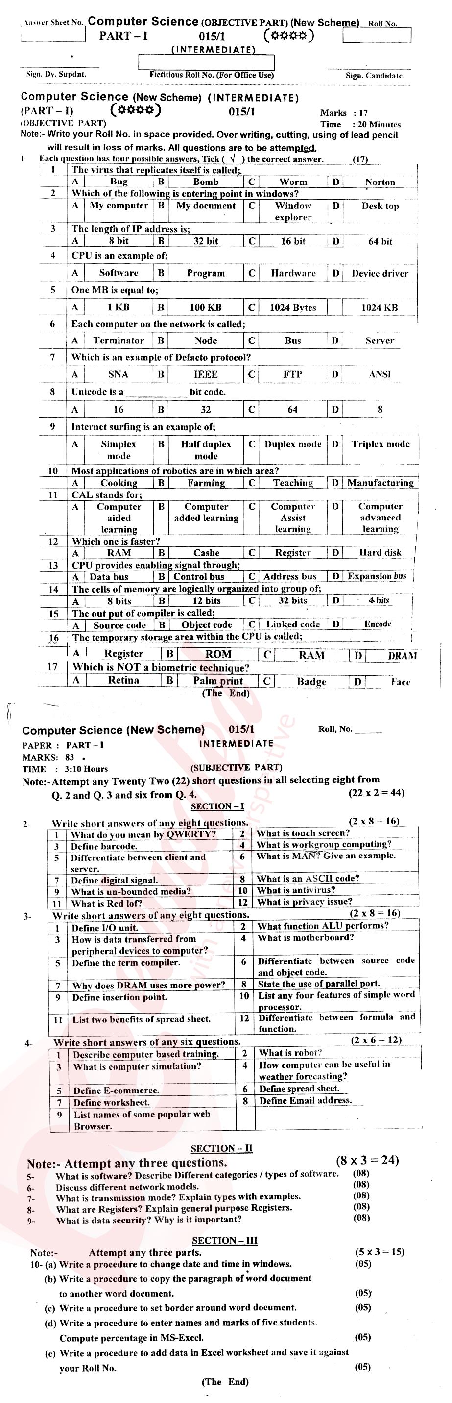 Computer Science ICS Part 1 Past Paper Group 1 BISE AJK 2015