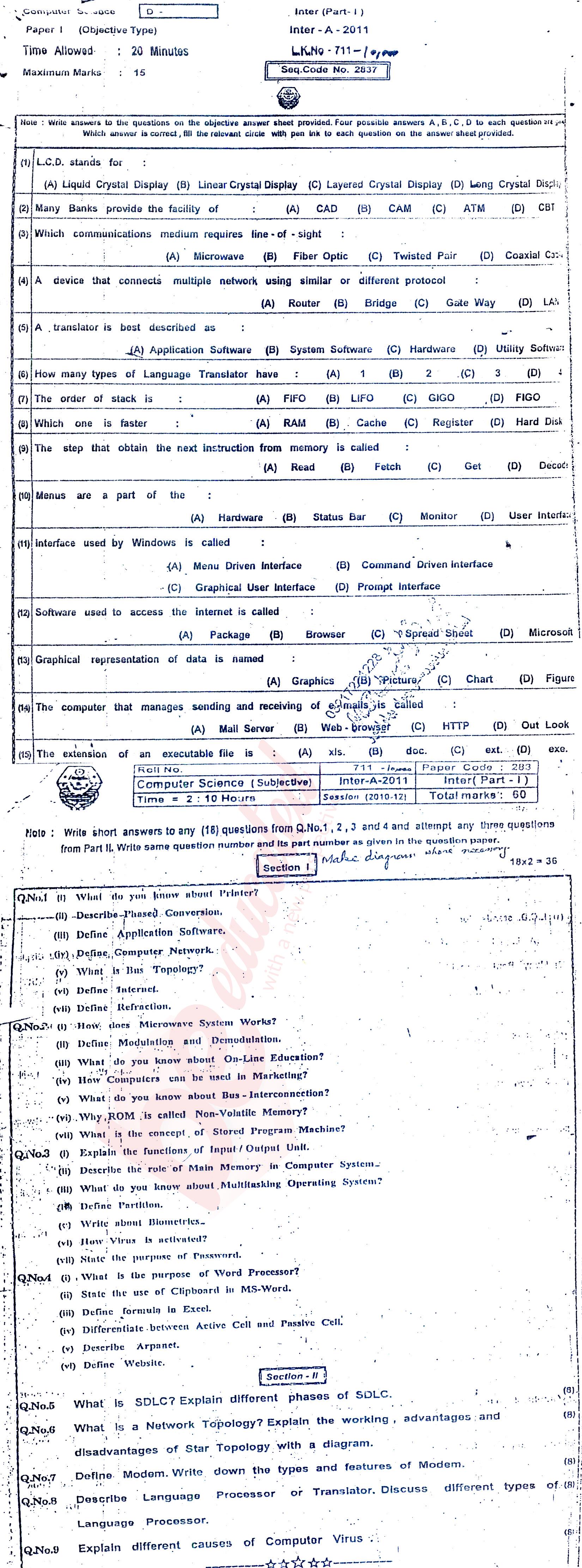 Computer Science ICS Part 1 Past Paper Group 1 BISE Bahawalpur 2011