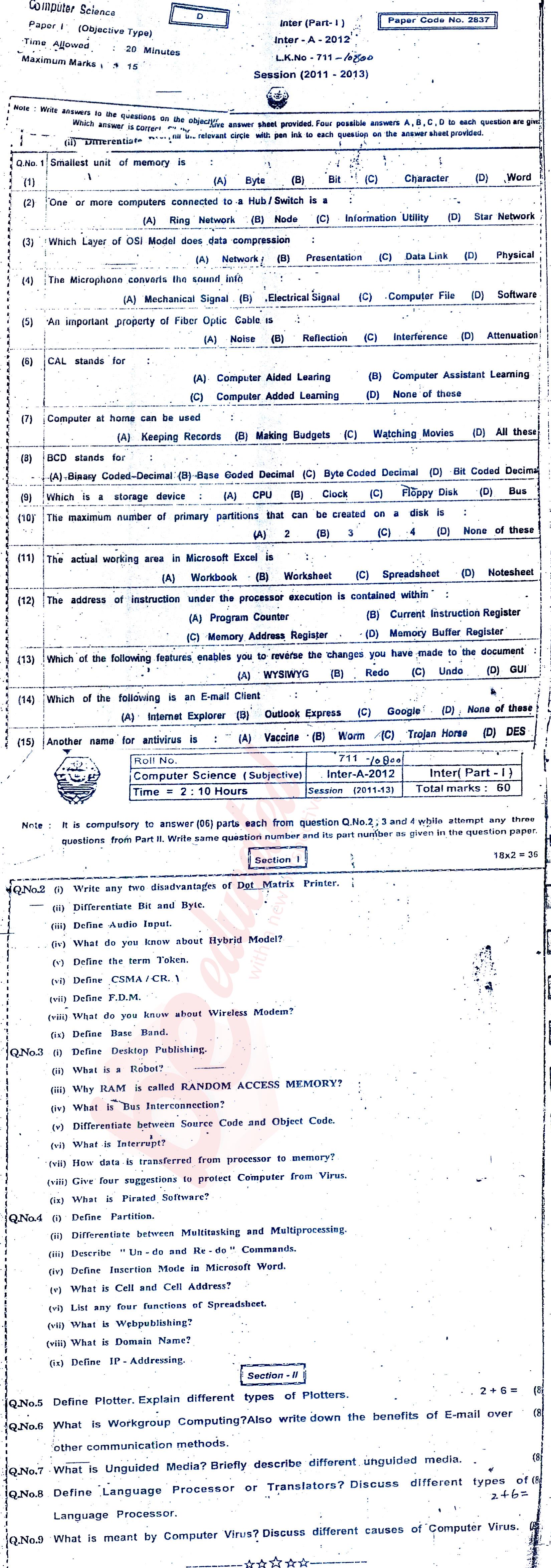 Computer Science ICS Part 1 Past Paper Group 1 BISE Bahawalpur 2012