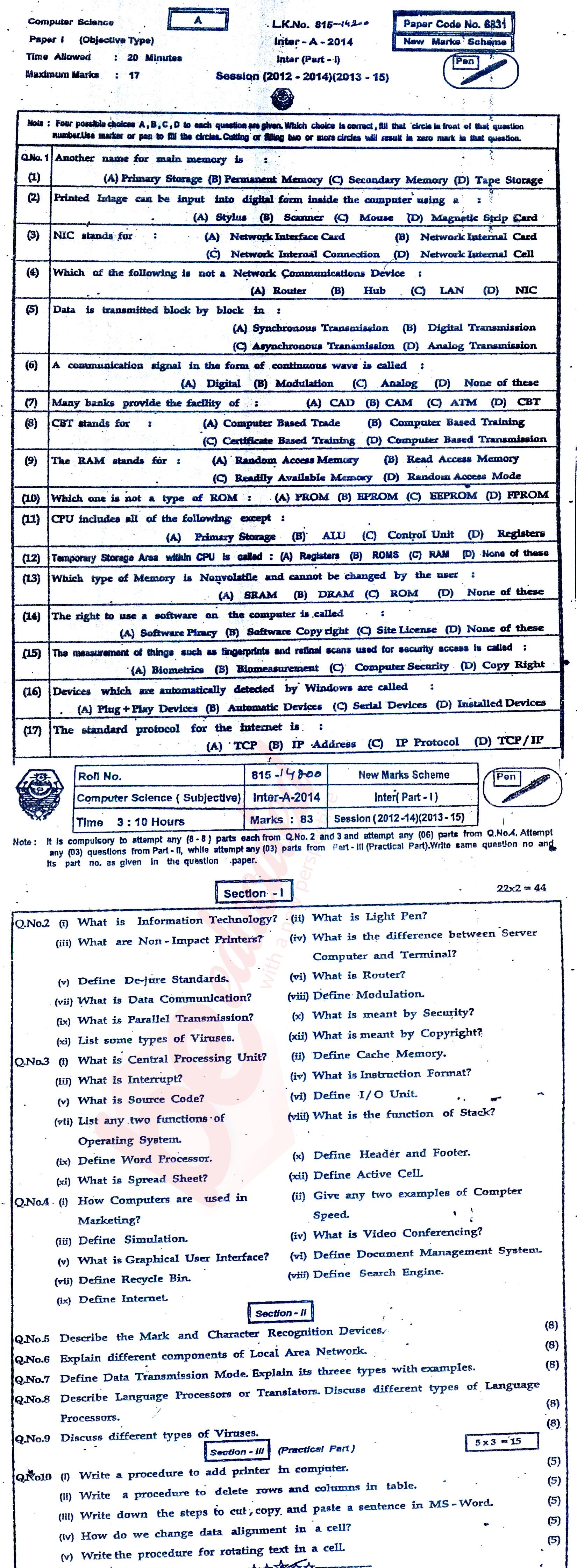 Computer Science ICS Part 1 Past Paper Group 1 BISE Bahawalpur 2014