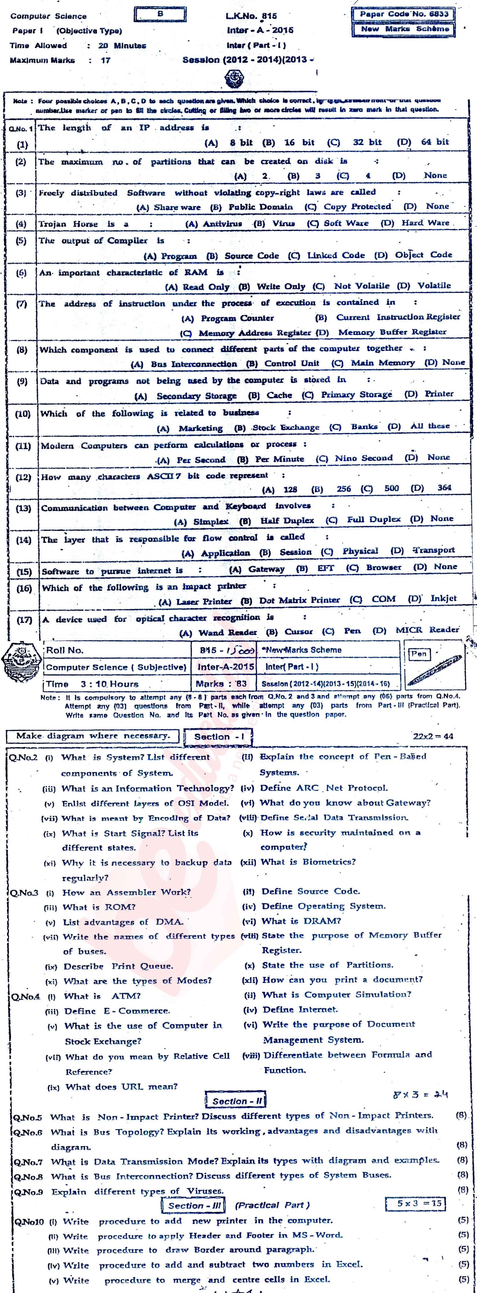 Computer Science ICS Part 1 Past Paper Group 1 BISE Bahawalpur 2015